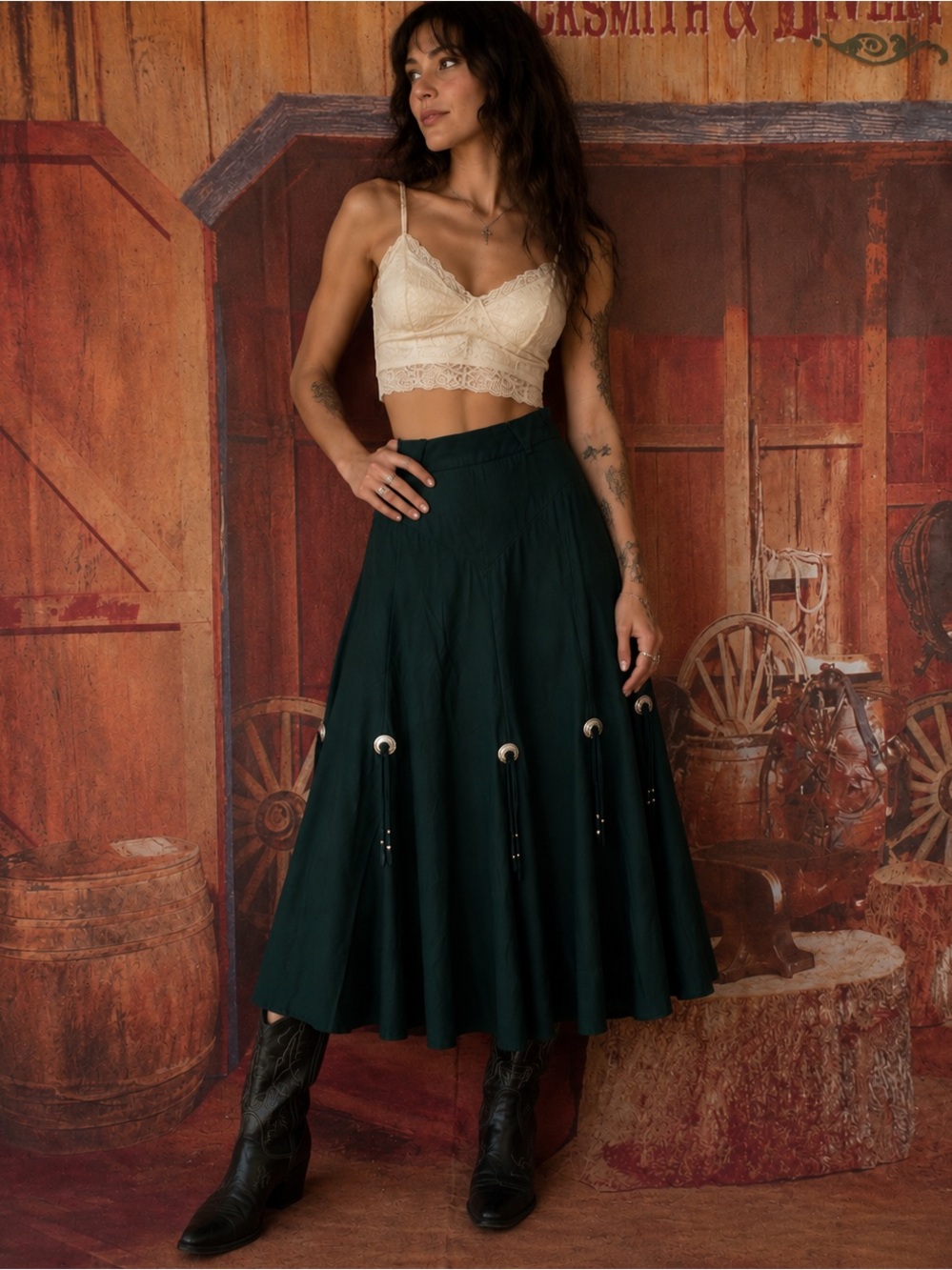 NWT RARE 🤤Vintage Circle T by Marilyn Lenox Hunter Green Concho Midi Skirt